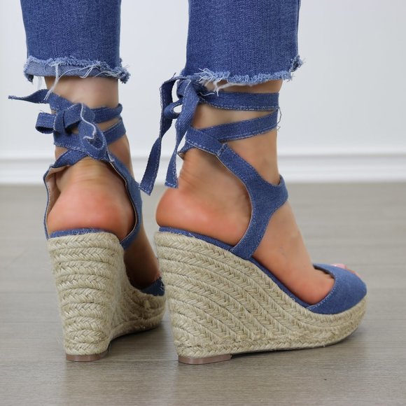 Denim Glamorous Ankle Tie Espadrille Wedge - Picture 6 of 7